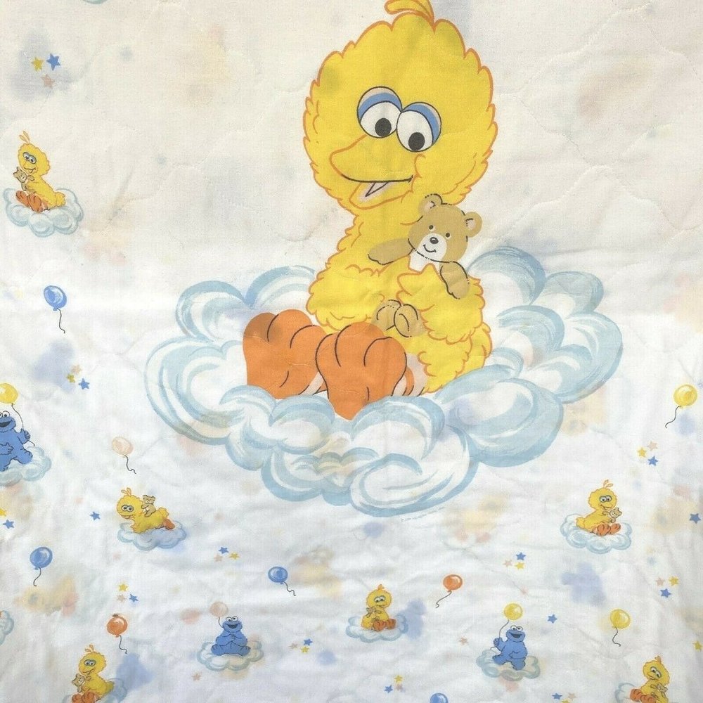 Vtg Sesame Street Baby Quilt Big Bird Cookie Monster Blanket Comforter Trim